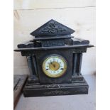 A Victorian black slate architectural mantle clock, for restoration, approx 35cm wide.