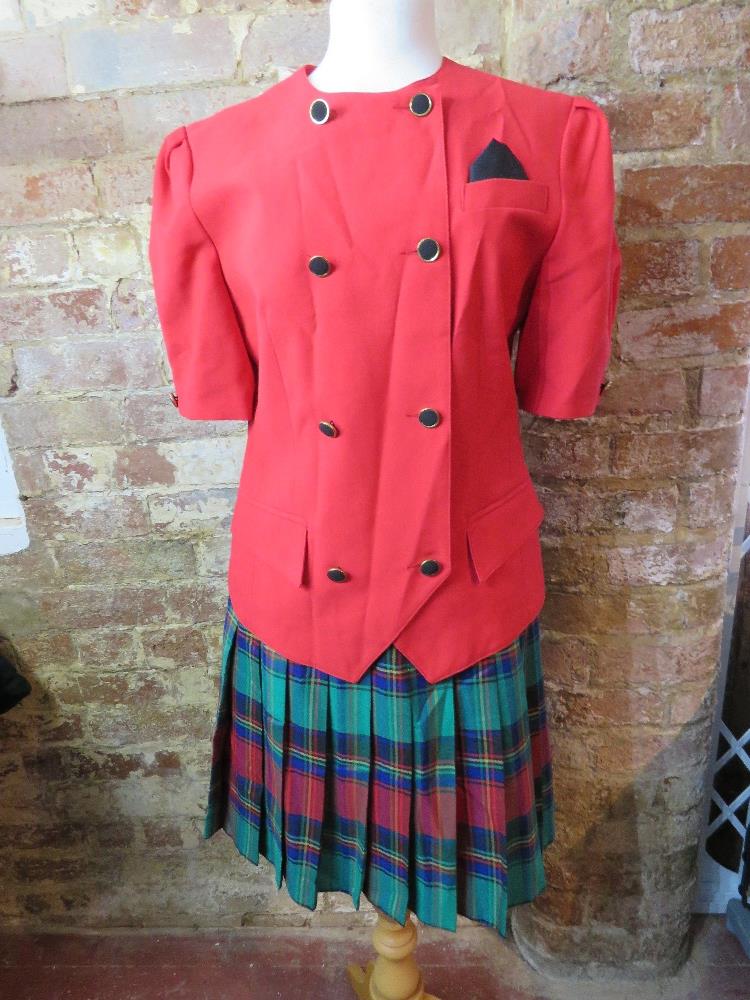 A c1980s blazer and tartan skirt suit, j