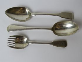 Two HM silver tablespoons together with a Victorian HM silver spork,