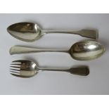 Two HM silver tablespoons together with a Victorian HM silver spork,