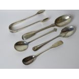 A quantity of HM silver spoons including sugar tongs and preserve spoon.