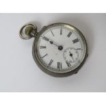 An 800 silver fob watch having white enamel dial with subsidiary seconds dial, 37mm dia,