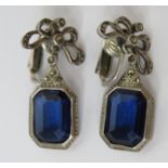 A pair of vintage Sterling silver Art Deco earrings having octagonal cut blue stone suspended below