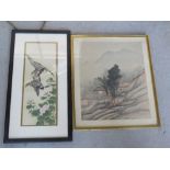 Two Oriental paintings on fabric, one being Japanese mountainside scene,