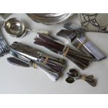 A quantity of assorted silver plate inc tray, candelabra, tea strainer, twin handled serving tray,