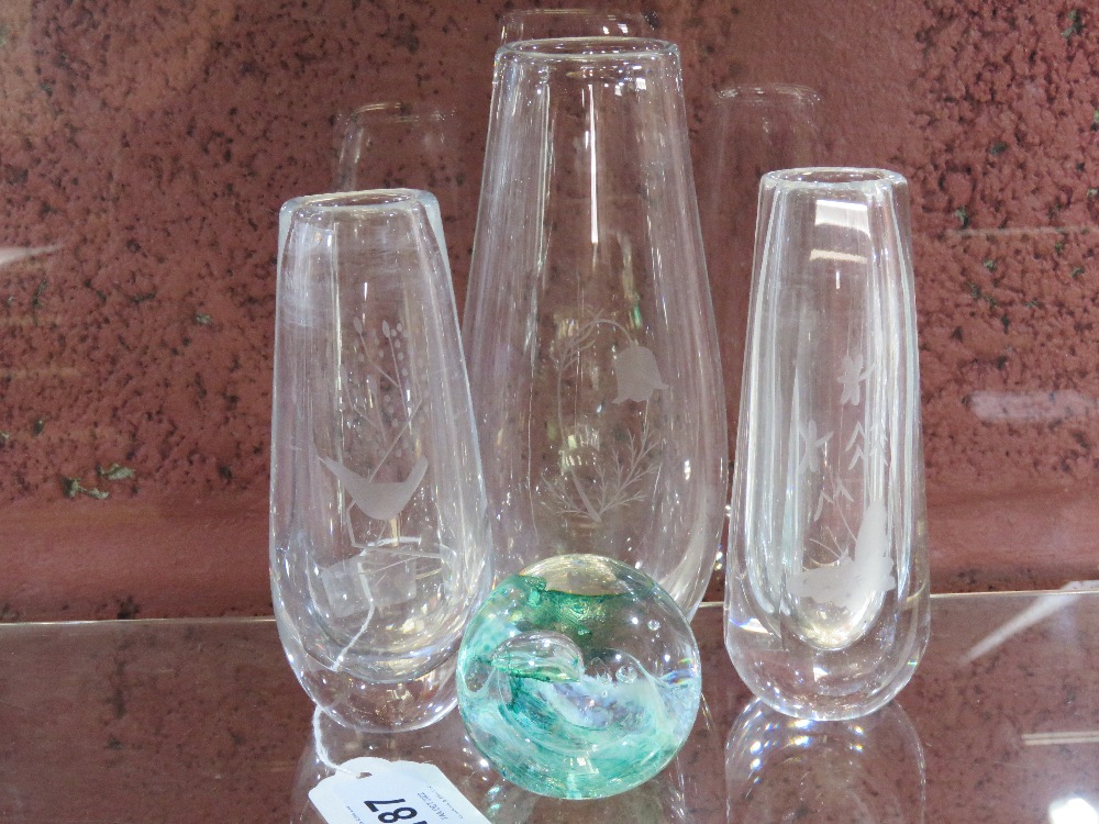 Three etched clear glass bud vases signed indistinctly to bases,