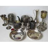 A quantity of assorted silver plated items inc two Falstaff goblets, cruet set, tea set,