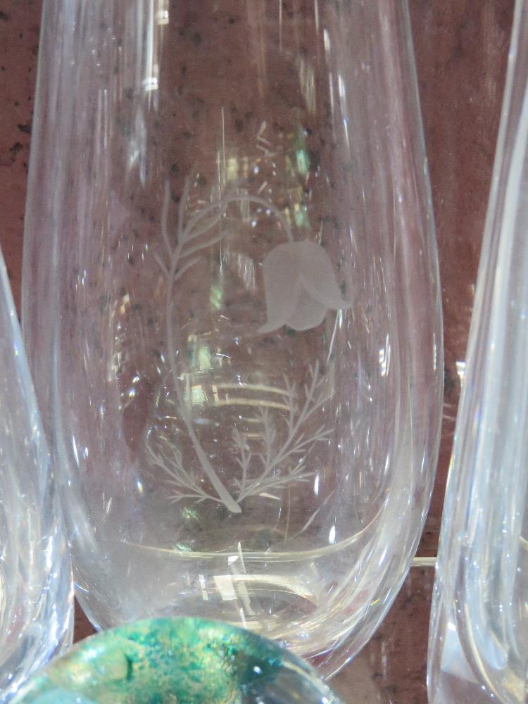 Three etched clear glass bud vases signed indistinctly to bases, - Image 2 of 2
