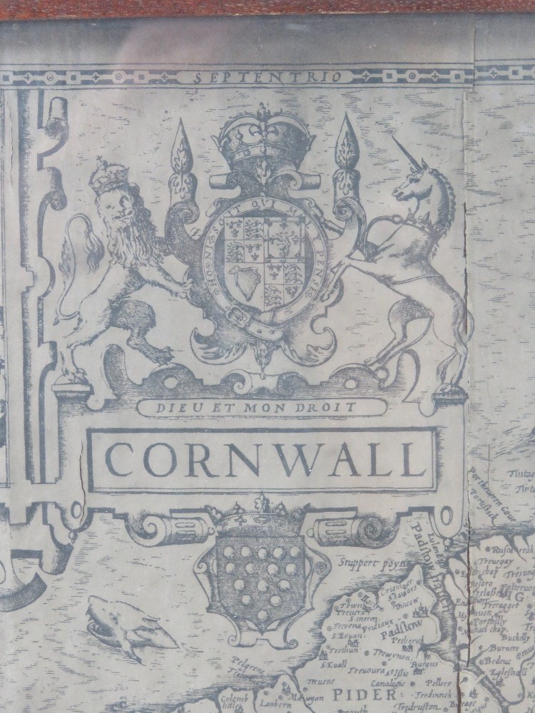 Map; Cornwall, published by John Speed, discoloured and a/f (cracking to right of centre), - Image 2 of 4