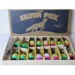 A set of sixteen hand painted glass Christmas ornaments in vintage box, 'The Silver Fox'.