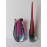 Two Art Glass vases in pinks and blues standing approx 40.5cm and 25cm respectively.