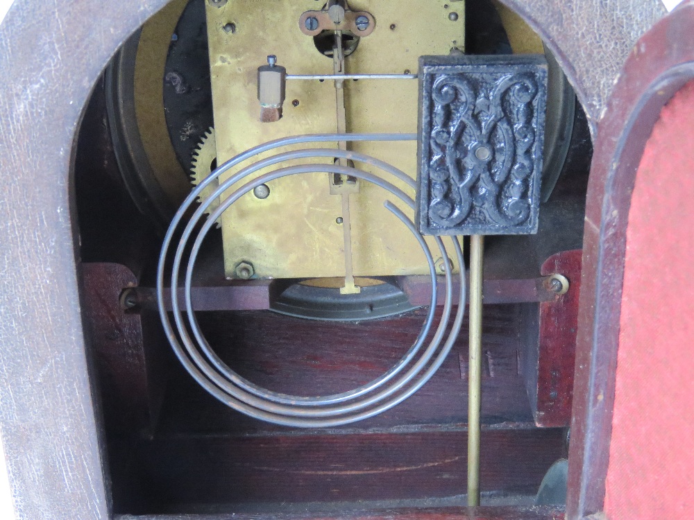 A vintage mantle clock having silvered dial with black painted Arabic numerals upon, with pendulum, - Image 3 of 3