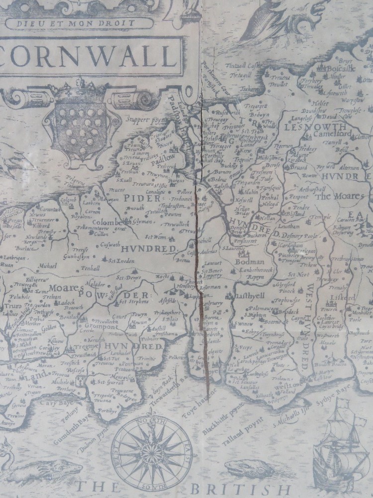 Map; Cornwall, published by John Speed, discoloured and a/f (cracking to right of centre), - Image 3 of 4