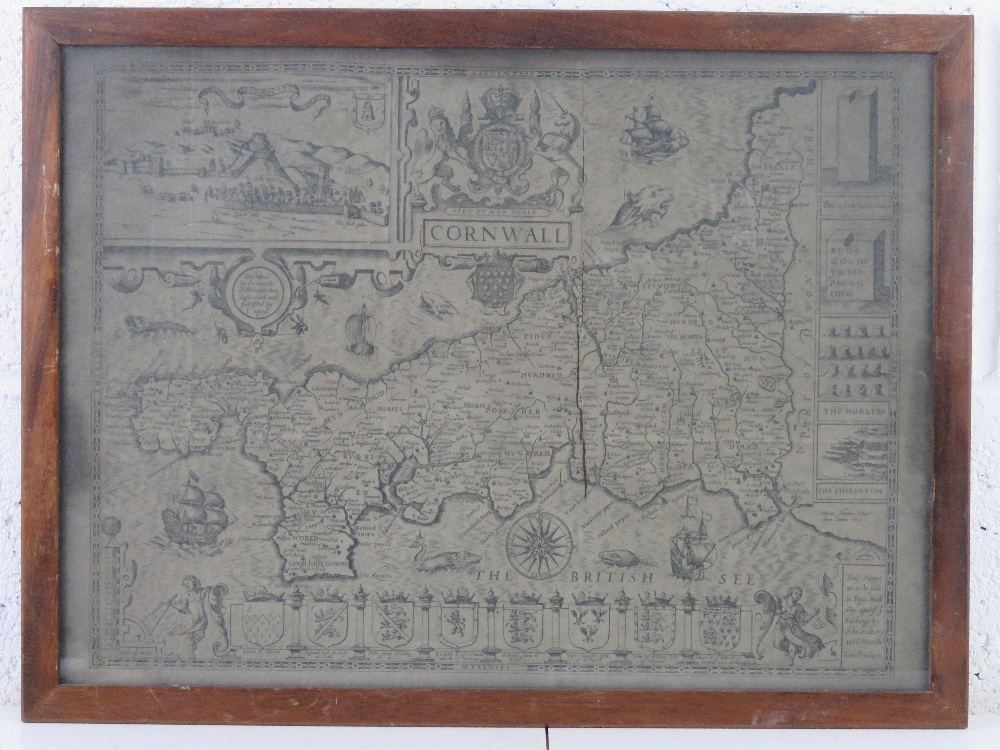 Map; Cornwall, published by John Speed, discoloured and a/f (cracking to right of centre),