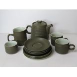 A Denby tea service for two inc teapot, milk jug, sugar bowl, two cups,