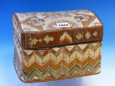A 19th C. QUILL AND STRAW WORK BOX AND ROUND ARCHED COVER, POSSIBLY MI'KMAQ (MICMAC) INDIAN,