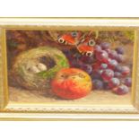 W. HUGHES (1842-1901) STILL LIFE OF FRUIT WITH A BUTTERFLY, SIGNED, OIL ON BOARD. 16 x 21cms