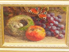 W. HUGHES (1842-1901) STILL LIFE OF FRUIT WITH A BUTTERFLY, SIGNED, OIL ON BOARD. 16 x 21cms