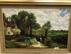 NAIVE ENGLISH SCHOOL AFTER CONSTABLE. CROSSING THE STREAM, SIGNED INDISTINCTLY, OIL ON BOARD. 64 x
