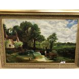 NAIVE ENGLISH SCHOOL AFTER CONSTABLE. CROSSING THE STREAM, SIGNED INDISTINCTLY, OIL ON BOARD. 64 x