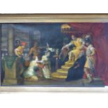 AN IMPRESSIVE GILT FRAMED SCENE OF CLASSICAL FIGURES POSSIBLY REPRESENTING A JUDGEMENT, OIL ON