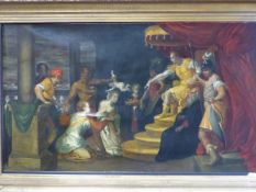 AN IMPRESSIVE GILT FRAMED SCENE OF CLASSICAL FIGURES POSSIBLY REPRESENTING A JUDGEMENT, OIL ON