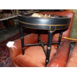 AN EBONISED CIRCULAR COFFEE TABLE THE DISHED CENTRE WITH OAK PARQUETRY. Dia 60 x H 54cms.