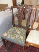 A PAIR OF 18th C. MAHOGANY CHIPPENDALE TASTE DINING CHAIRS WITH NEEDLE WORKED SEATS AND CHANNELLED