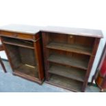 TWO MAHOGANY OPEN BOOKCASES, ONE WITH FIXED SHELVES. W 78 x D 28 x H 110cms. THE OTHER WITH
