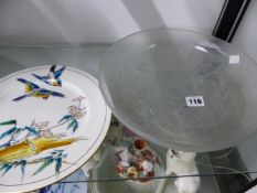 AN ART DECO STYLE, ART LORRAIN FROSTED GLASS SCARAB BEETLE DECORATED BOWL, TOGETHER WITH AN ARTS AND