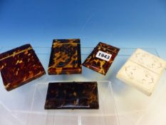 FOUR TORTOISESHELL CARD CASES TOGETHER WITH A WHITE CARD CASE GILT WITH ESCUTCHEONS