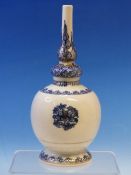 A CHINESE ROSE WATER SPRINKLER, THE GOURD SHAPE WITH GILT ON BLUE DECORATION, THREE ROSETTES ON