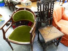 AN EDWARDIAN MARQUETRIED MAHOGANY DESK CHAIR UPHOLSTERED IN GREEN VELVET TOGETHER WITH A LATE