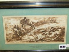 ATTRIBUTED TO ANTONIO CALZA (1653-1714). 'A CAVALRY SKIRMISH', PEN AND INK DRAWING. 12 x 26cms.