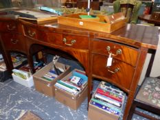 AN ANTIQUE MAHOGANY SIDEBOARD, THE SERPENTINE FRONT WITH FIVE DRAWERS, SQUARE SECTIONED LEGS ON SPAD