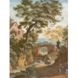OLD MASTER SCHOOL. FIGURES IN A WOODED RIVER LANDSCAPE, INDISTINCTLY DATED 1757, GOUACHE. 38 x