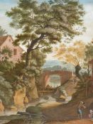 OLD MASTER SCHOOL. FIGURES IN A WOODED RIVER LANDSCAPE, INDISTINCTLY DATED 1757, GOUACHE. 38 x