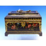 A 19th C. THREE COMPARTMENT TEA CADDY, POSSIBLY RUSSIAN, THE BLACK GROUND PAINTED WITH FLOWERS