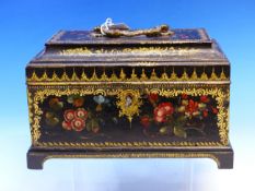 A 19th C. THREE COMPARTMENT TEA CADDY, POSSIBLY RUSSIAN, THE BLACK GROUND PAINTED WITH FLOWERS