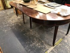 A 19th C. D-END DINING TABLE WITH THREE LEAVES, APRONS ABOVE THE SQUARE LEGS TAPERING TO CASTER