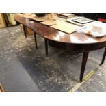 A 19th C. D-END DINING TABLE WITH THREE LEAVES, APRONS ABOVE THE SQUARE LEGS TAPERING TO CASTER