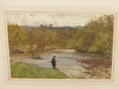 NORMAN WILKINSON (1878 - 1971) ARR. FISHING A DEEP POOL, SIGNED WATERCOLOUR 25 x 36cms