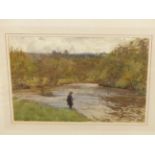 NORMAN WILKINSON (1878 - 1971) ARR. FISHING A DEEP POOL, SIGNED WATERCOLOUR 25 x 36cms