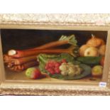 ENGLISH SCHOOL. A STILL LIFE OF FRUIT AND VEGETABLES, OIL ON CANVAS LAID DOWN. 29 x 47cms