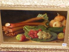 ENGLISH SCHOOL. A STILL LIFE OF FRUIT AND VEGETABLES, OIL ON CANVAS LAID DOWN. 29 x 47cms