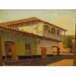 ALFREDO LOBOS (1890-1971) ARR. TWO VILLAGE STREET SCENES, POSSIBLY CHILE, SIGNED, OIL ON CANVAS.