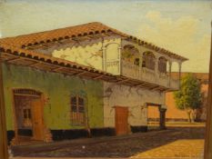 ALFREDO LOBOS (1890-1971) ARR. TWO VILLAGE STREET SCENES, POSSIBLY CHILE, SIGNED, OIL ON CANVAS.