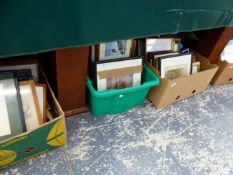 FOUR BOXES OF VARIOUS DECORATIVE PICTURES, PRINTS AND DRAWINGS.