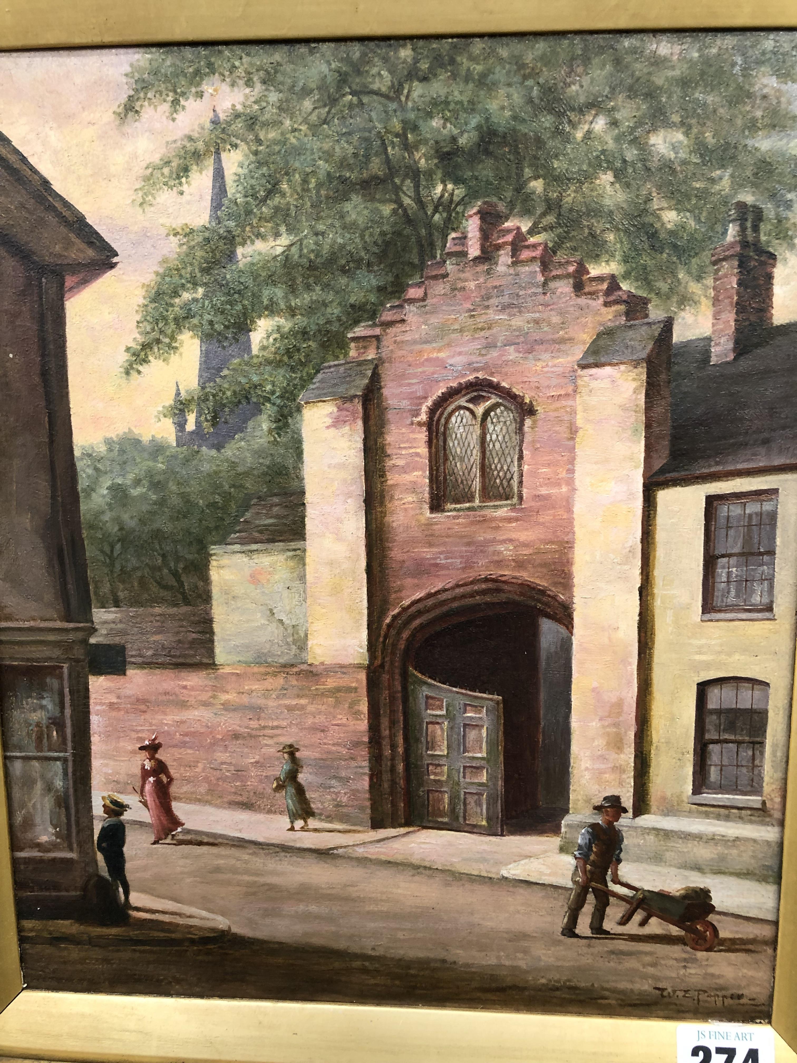 LATE 19th. C. ENGLISH NAIVE SCHOOL, A VILLAGE STREET, SIGNED W. E. PEPPER,, OIL ON BOARD. 31 x