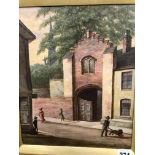 LATE 19th. C. ENGLISH NAIVE SCHOOL, A VILLAGE STREET, SIGNED W. E. PEPPER,, OIL ON BOARD. 31 x